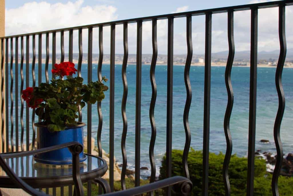 Potted red geranium on a balcony overlooking the ocean.