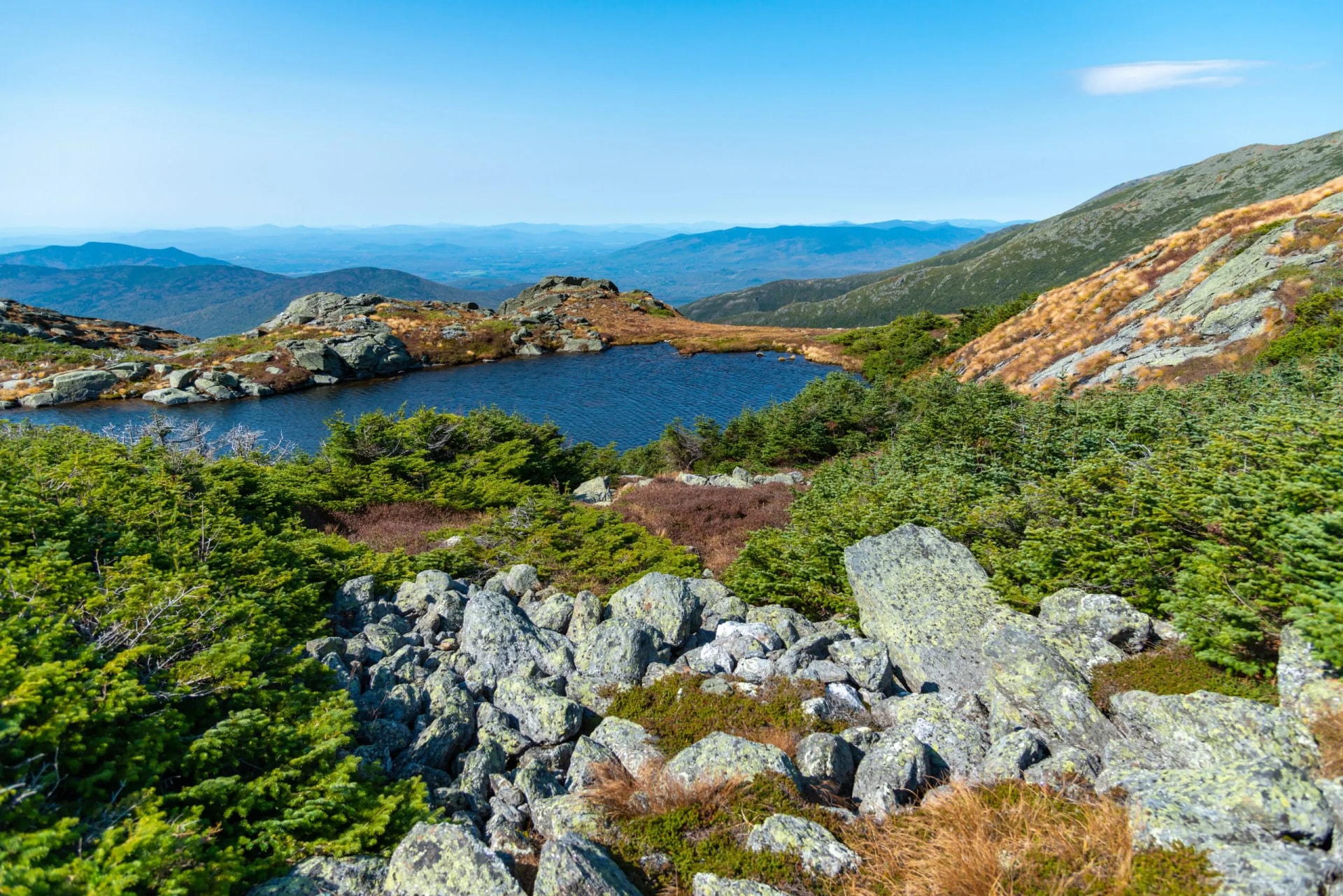 Alpine tarn surrounded by rocks, low green shrubs, and distant blue mountains under a clear sky.