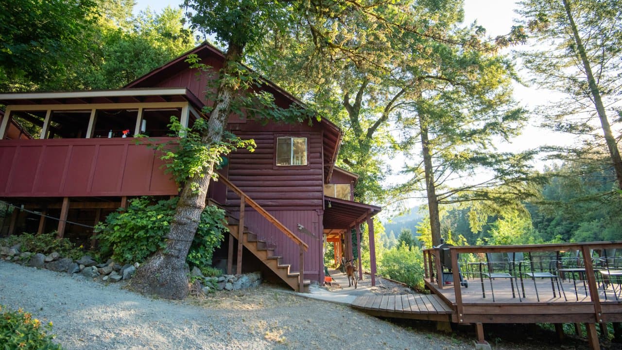 Marial Lodge log cabin surrounded by tall trees with an outdoor deck and gravel path.
