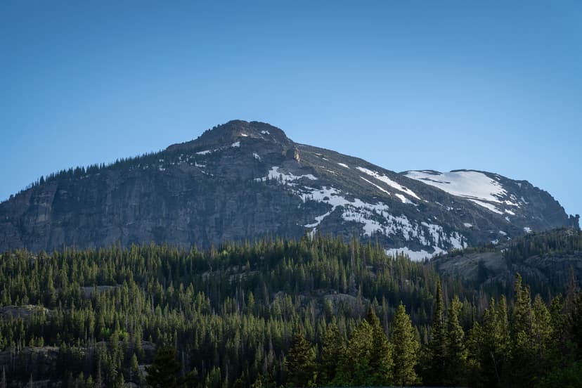 USA Rockies snow-capped mountain peak with dense pine forest under clear blue sky