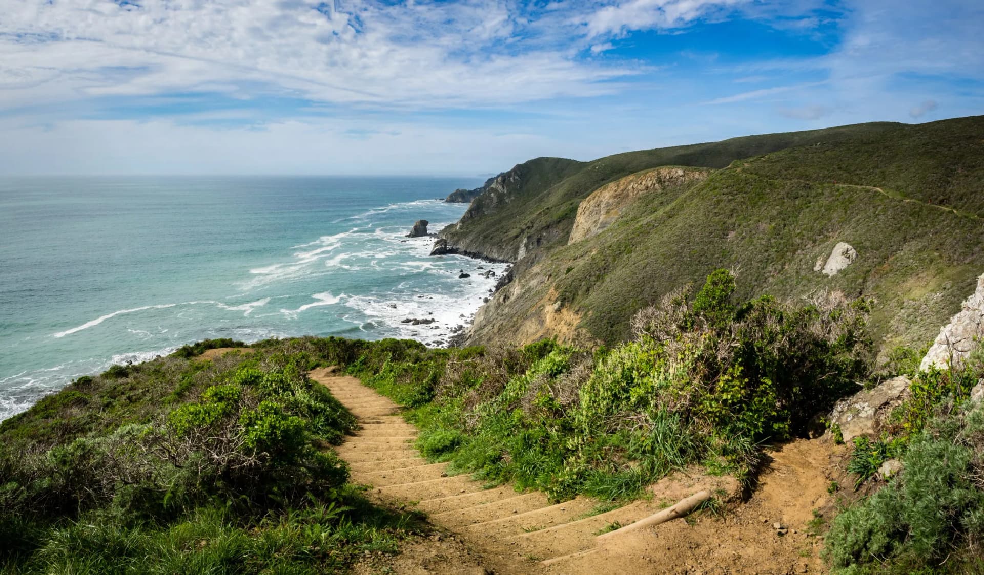 Panorama of coastline from trail, Pirates Cove Trail, Marin Headlands, Golden Gate National Recreation Area, California, United States